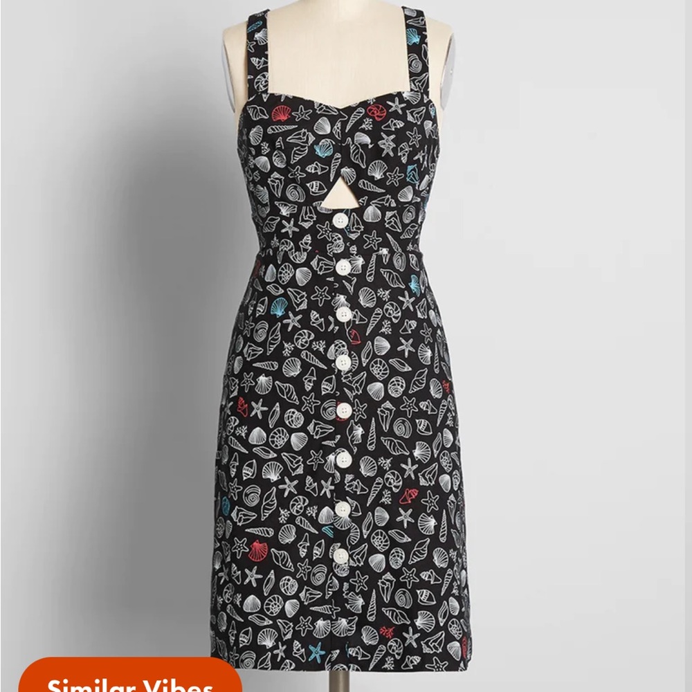 ModCloth Black Seashell Print Sundress with White Buttons